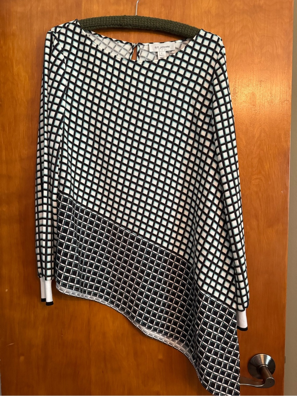 St. John Black, White & Teal Grid Print Asymmetrical Long Sleeved Top